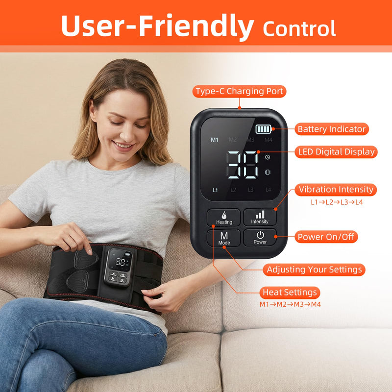 Cordless Heating Massage Belt for Lower Back Soothe Discomfort - 5000mAh Adjustable Heat Therapy Wrap with 4 Vibration Modes - Portable Heating Pad for Muscle Relaxation, Ideal Gift for Men & Women Black
