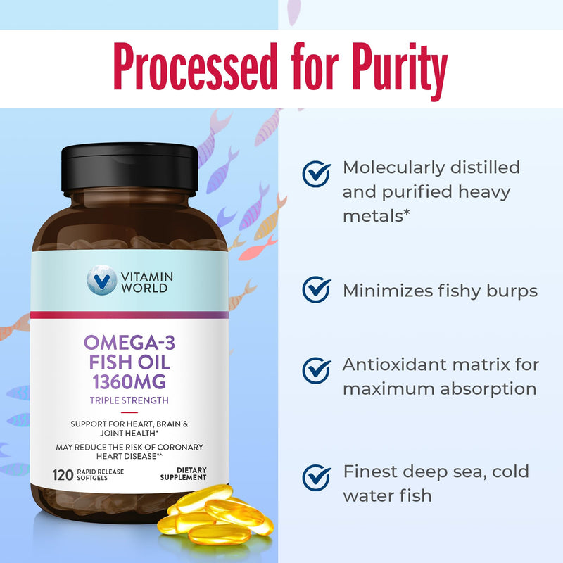 Vitamin World Triple Strength Omega 3 Fish Oil 1360 mg, 120 Softgels | High Potency Omega 3s with EPA & DHA 950 mg, Supports Heart, Brain & Joint Health, Gluten Free, 4 Months Supply 120 Count (Pack of 1)