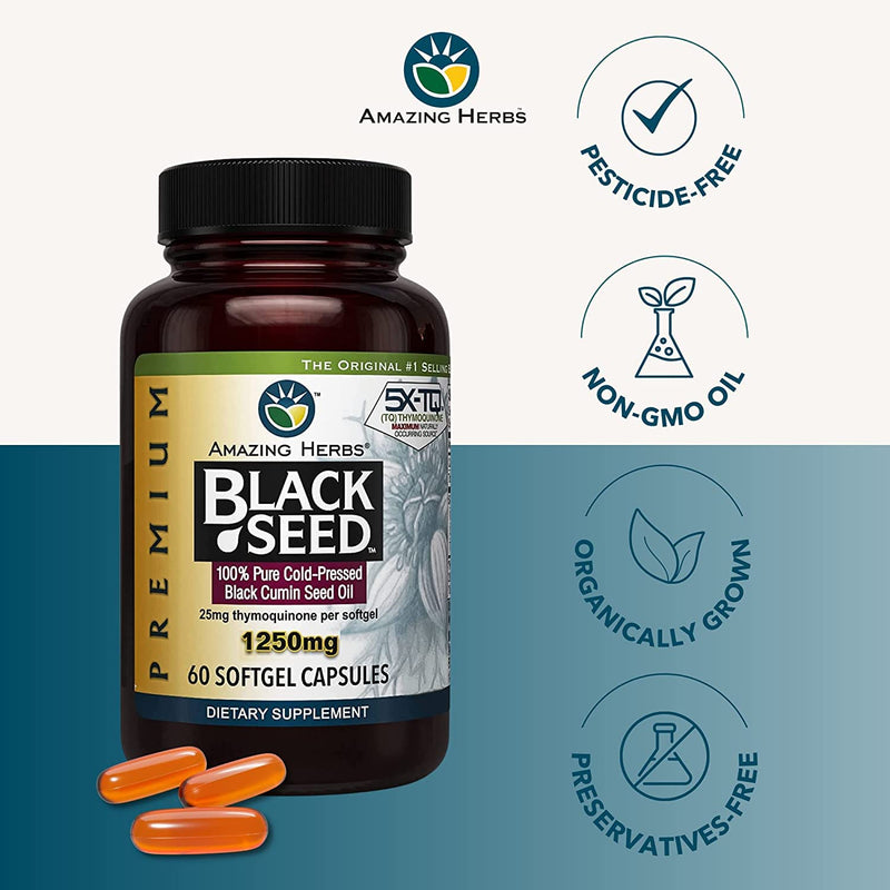 [Australia] - Amazing Herbs Premium Black Seed Oil Capsules - High Potency, Cold Pressed Nigella Sativa Aids in Digestive Health, Immune Support & Brain Function - 60 Count, 1250mg (Pack of 2) 60 Count (Pack of 2) 