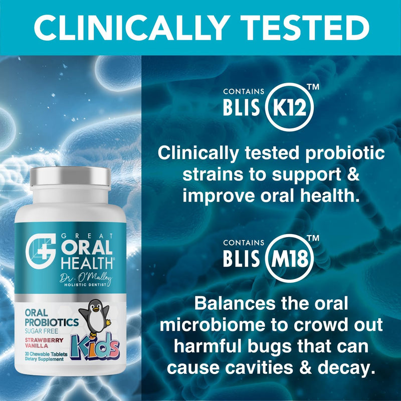 [Australia] - Oral Probiotics for Mouth Bad Breath Treatment for Kids Dental Care & Cavity Prevention with BLIS K12 M18 – Dr Formulated Dental Probiotics for Teeth and Gums, 30 Chewable Tablets Strawberry Vanilla 30 Count (Pack of 1) 