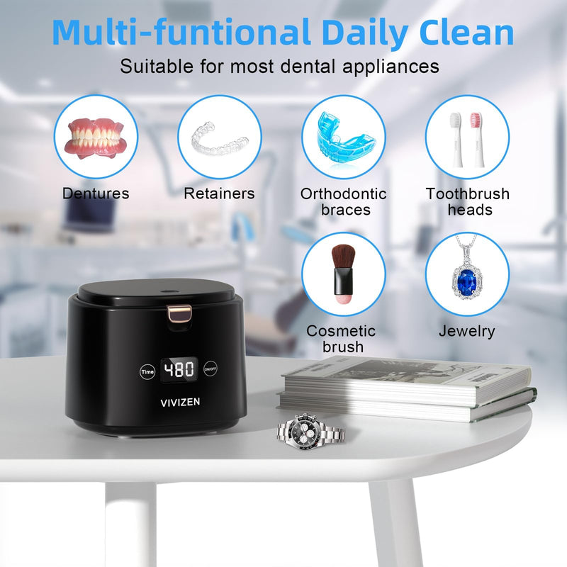 [Australia] - Ultrasonic Retainer Cleaner, Sonic Dental Cleaning Machine for Dentures, Aligners, Braces, Mouth Guards, Jewelry, for All Dental Appliances, Portable 30W/45kHz (Black) black 