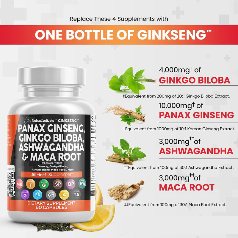 [Australia] - Clean Nutraceuticals Panax Ginseng 10000mg Ginkgo Biloba 4000mg Ashwagandha Maca Root 3000mg - Focus Supplement Pills for Women and Men with Pine Bark Extract, Garlic, and Saw Palmetto - 60 Caps 