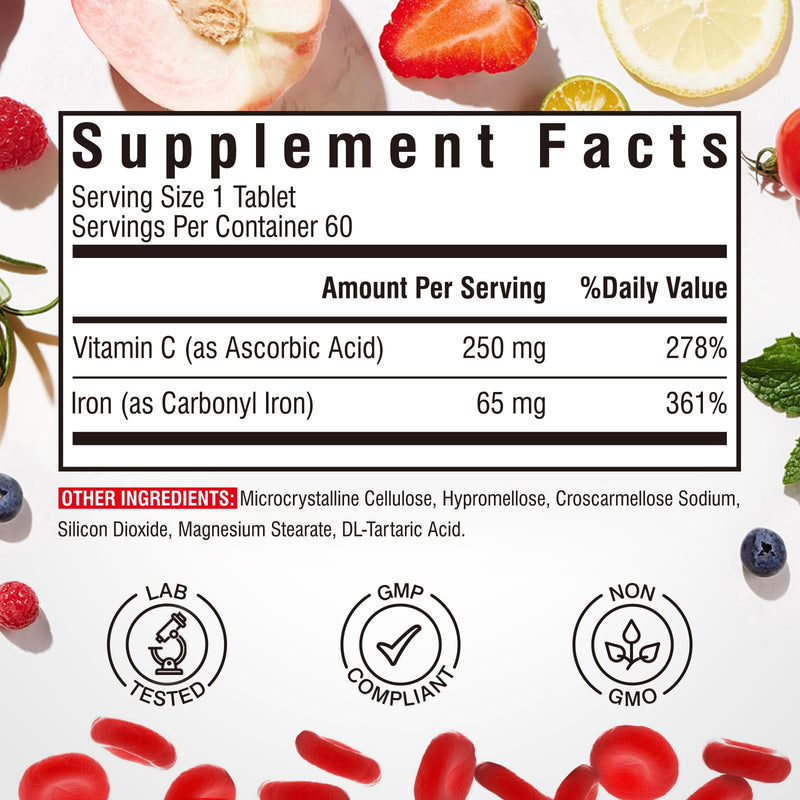 Iron Supplement for Women & Men, with Vitamins C, B6, B12 & Folate + Iron Supplement, 65mg Carbonyl Iron with 250mg Vitamin C