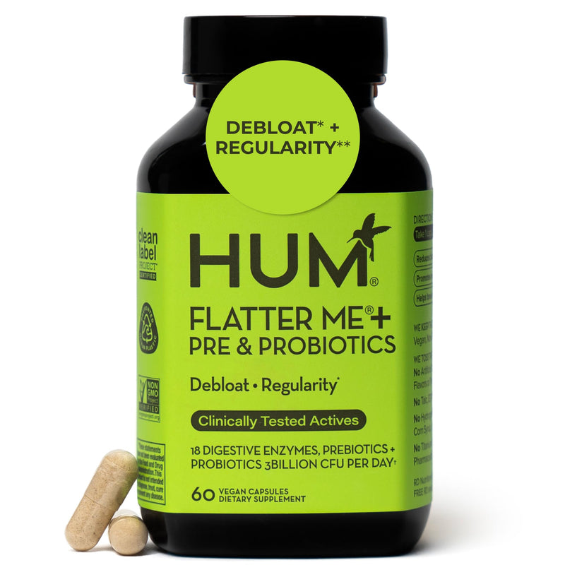 [Australia] - HUM Flatter Me Digestive Enzymes Plus Prebiotics & Probiotics, Digestive Health Bloating Supplement for Women & Men, Fast Acting Anti Bloat Pills Multi Enzyme for Debloating, Vegan, 60 Capsules 