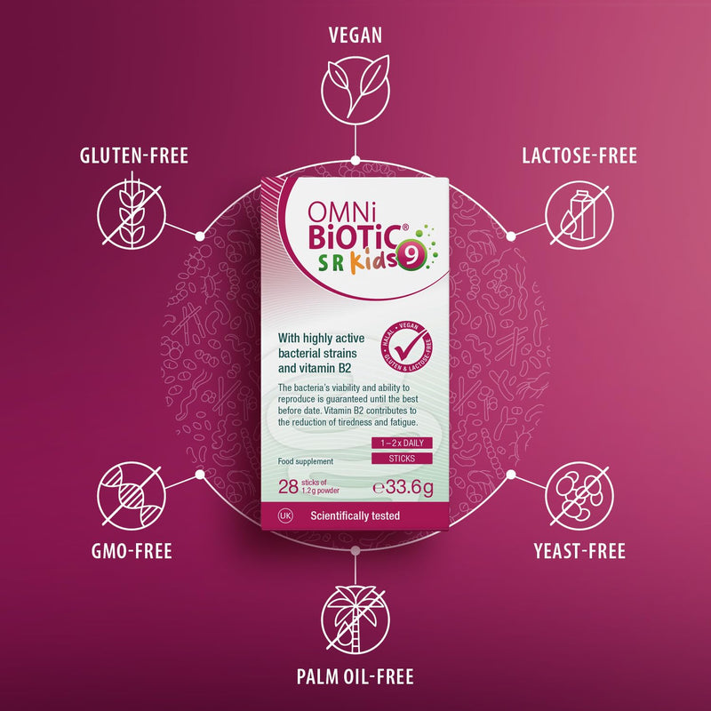 OMNi BiOTiC SR-9 Kids | Kids Probiotic with Peach Flavour | Fast Dissolve - Melts on The Tongue | 28 Sticks | Powder | Vegan & Gluten-Free | Halal | for Daily use