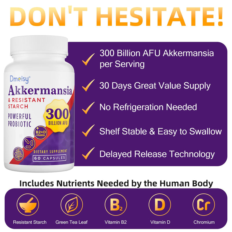 300 Billion AFU Akkermansia Muciniphila Probiotics for Women Men, 60 Count | 6-in-1 Akkermansia Probiotic for Digestive, Gut, Immunity, Enhances* Gut Lining Function, Intestinal Walls & Overall Health 60 Count (Pack of 1)