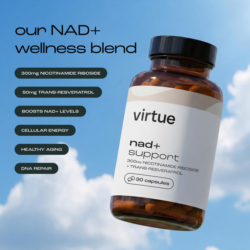 Virtue NAD+ | NAD Supplement for Healthy Aging & Cellular Energy | 300mg Nicotinamide Riboside (NR) + Trans-Resveratrol | 30 Vegan Capsules