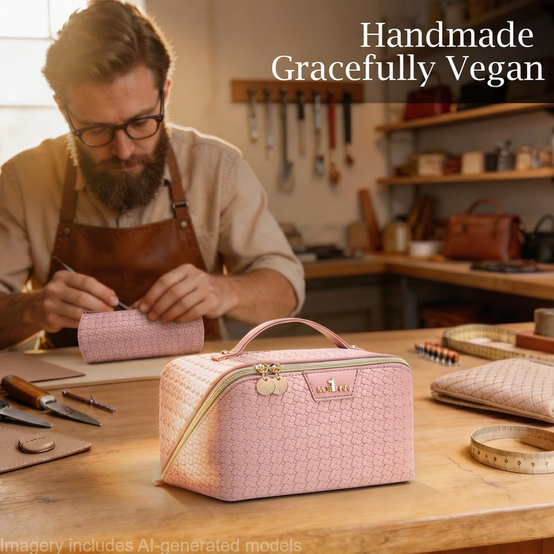 Travel Makeup Bag for Women: 3 Pcs Set Vagen Leather Make up Bag Hand-made | Large Capacity Toiletry Organizer Bag - Waterproof Ladies Travel Flat Open Essentials for Luxury (01Pink) 01Pink Travel Makeup Bag