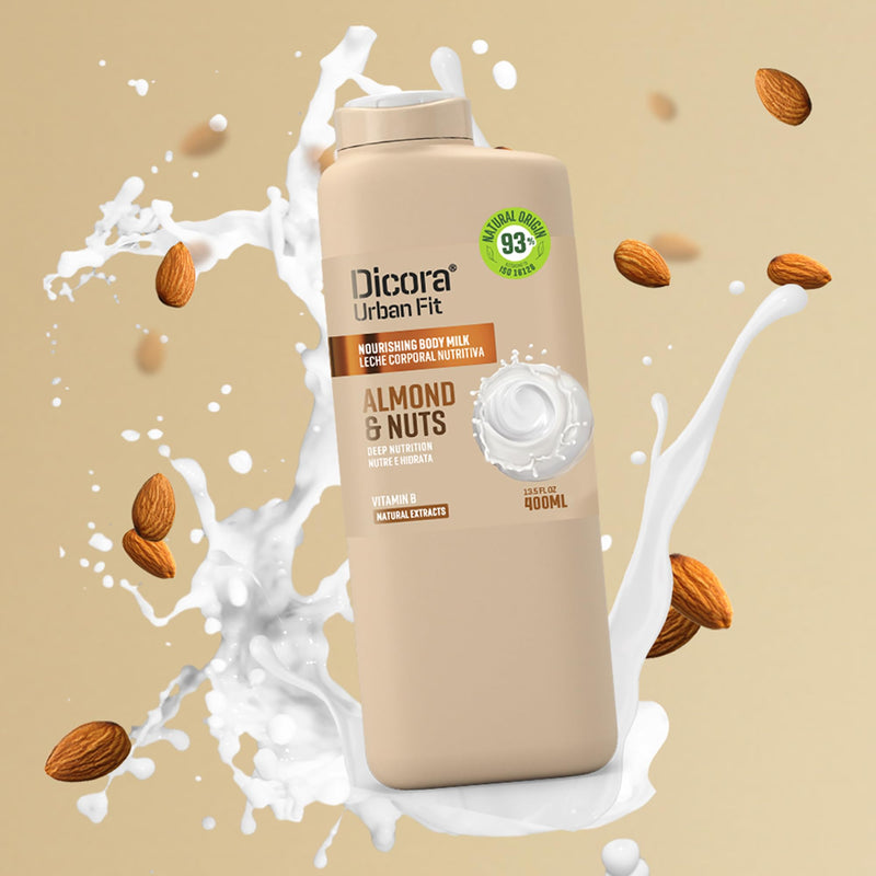 Dicora Urban Fit Nourishing Body Milk - Moisturizing Body Cream with Vitamin B - Natural Lotion For Extremely Dry Skin - Almond and Nuts - 13.5 oz