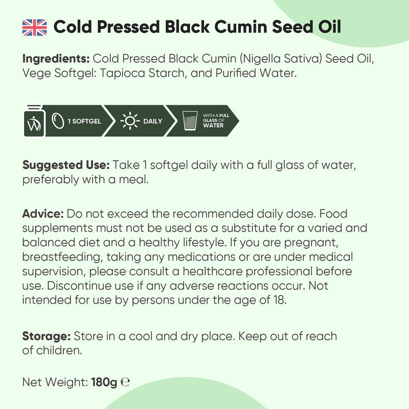 Black Seed Oil 1000mg - 180 Softgels - 6 Months Supply - Cold Pressed Black Cumin Seed Oil Capsules - 1-a-Day - Vegan-Friendly - Source of Thymoquinone & Omega Fatty Acids - Nigella Sativa Supplement