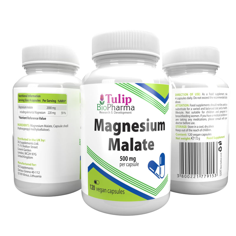 Tulip BioPharma Magnesium Malate 2,000mg | 120 Vegan Capsules | 1-Month Supply | Bioavailable Daytime Magnesium with Malic Acid, No Fillers | 3rd Party Lab Tested