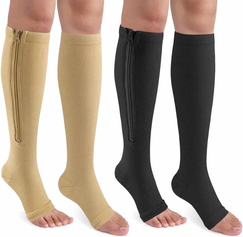 CASMON 2 Pairs Zipper Compression Socks for Women & Men, 15-20 mmHg Open Toe Knee High Support Socks for Varicose Vein Edema Large-X-Large Black+Beige