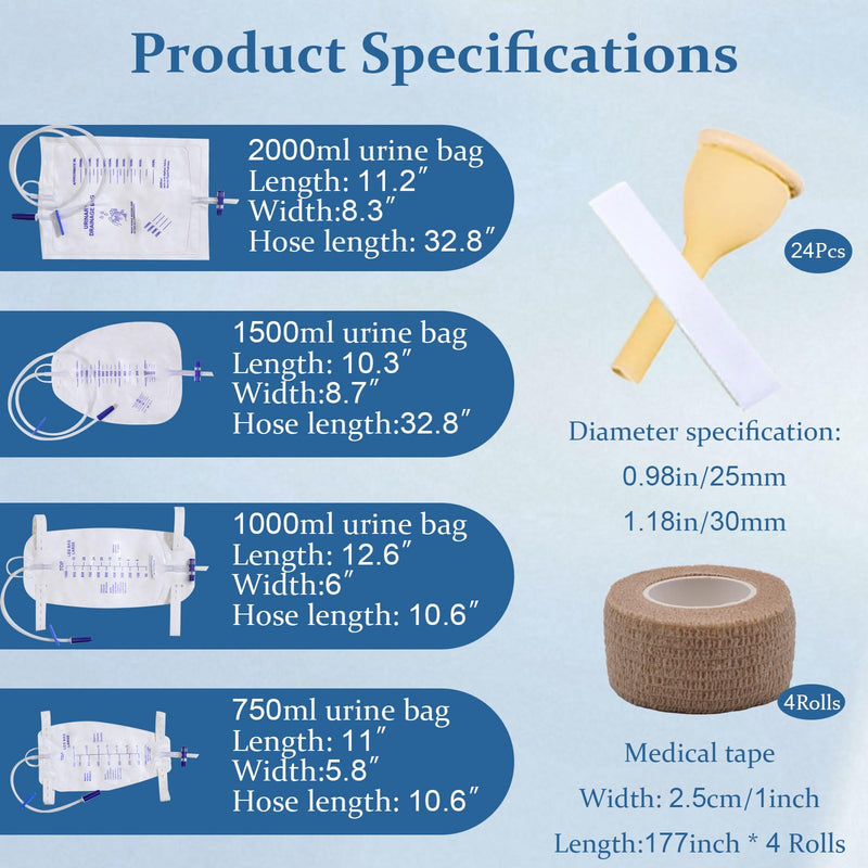 [Australia] - External Male catheters for Men, 24pcs Soft Latex Sets, 1 pcs 750 ml Leg Bag, 1 pcs1000 ml Leg Bag, 1 pcs 1500 ml Urine Bag, 1 pcs 2000 ml Urine Bag with 4 Rolls of Tape - Urine Collection (30mm) 30mm 