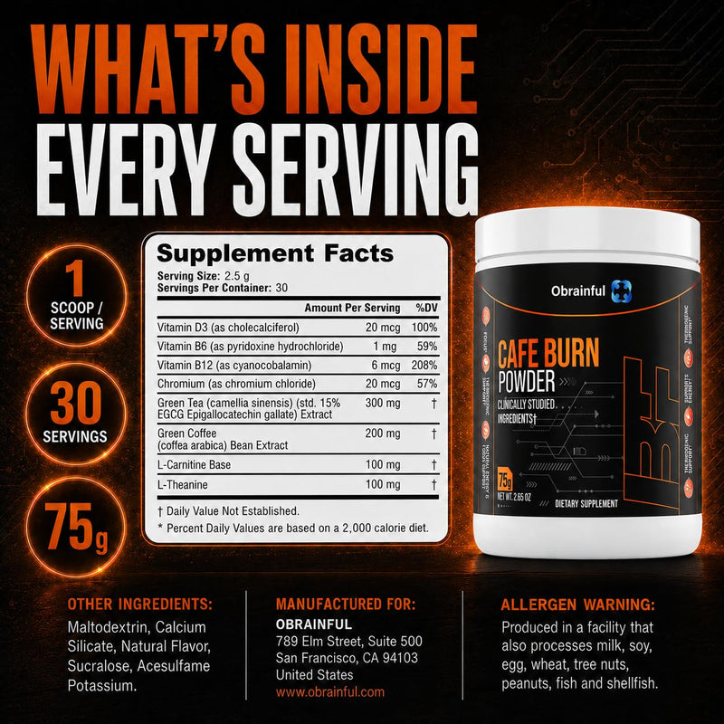 Cafe Burn Powder Dietary Supplement 75g | Thermogenic Energy & Focus Drink Mix | Green Tea, Green Coffee Bean & L-Carnitine | Metabolism Support Powder | 30 Servings