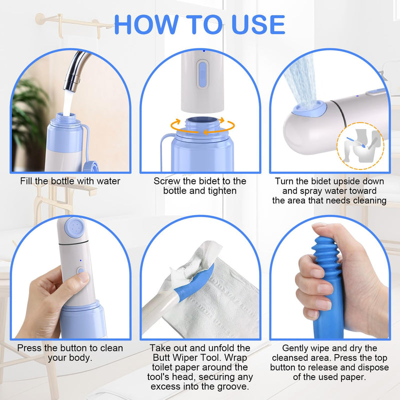 [Australia] - Portable Bidet Toilet Aids Wiper Tool Set for Travel | 450mAh Battery | 350ML Bottle | IPX7 Waterproof | USB-C Charging | Compact & High-Powered with 2 Pressure Modes for Wiping and Personal Hygiene 