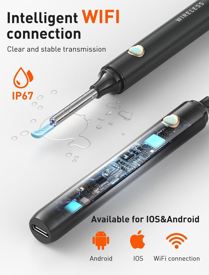 [Australia] - Ear Wax Removal Tool Camera - Ear Cleaner with 1080P HD Camera, FSA - HSA Store Eligible, Otoscope with Light, Earwax Removal Kit with 50 Replacement Tips for iPhone, iPad, Android Phones (Black) Black 