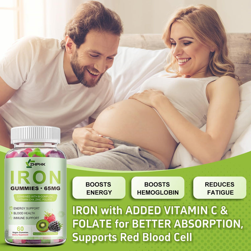 Iron Gummies for Women Men 65mg Iron & Vitamin C 250mg with B6 B12 Folate | 65mg Iron, Vitamin C 250mg, B6, B12, Folate, Energy Support for Iron Deficiency, Anemia Raspberry Kiwi & Blackberry 60 Count (Pack of 2)