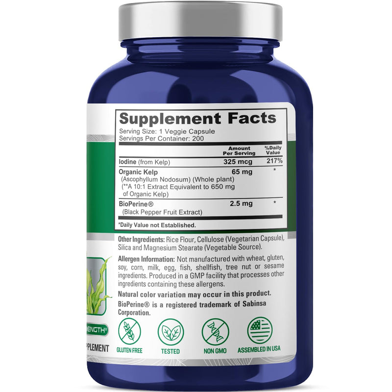 [Australia] - NusaPure Sea Kelp Iodine 325mcg per Veggie Capsule 200 Count (Non-GMO, Gluten Free, Organic Kelp, Bioperine) 