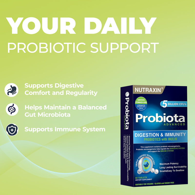 Nutraxin Probiota Advanced - 2x1.25 Billion CFU Probiotics - 60 Tablets with 4 Strains (Lactobacillus and Bifidobacterium) & Inulin - Allergens-Free Supplement for Adults 60 count (Pack of 1)