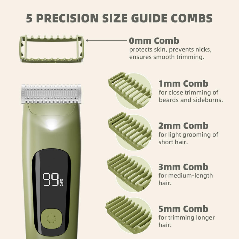 [Australia] - VIKICON Body Hair Trimmer for Men & Women: Safety Electric Razor for Pubic, Legs, Chest, Face w/Dual-Sided Single Blade & 5 Guide Combs, Waterproof Smooth Intimate Shaver, 150min Long Battery Life 