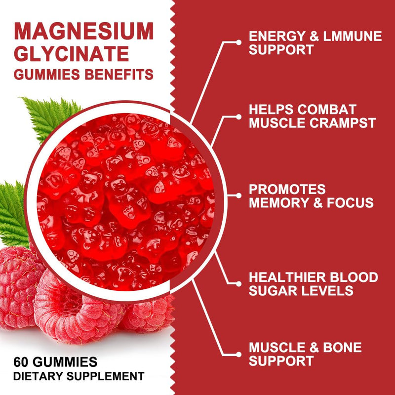 Magnesium Glycinate Gummies 400mg, Mg Potassium Supplement with Chelated Magnesium Malate Complex, Vitamin D, B6, and CoQ10, Supports for Memory, Calm, Mood & Sleep - 60 Count (Pack of 1) Raspberry 60 Count (Pack of 1)