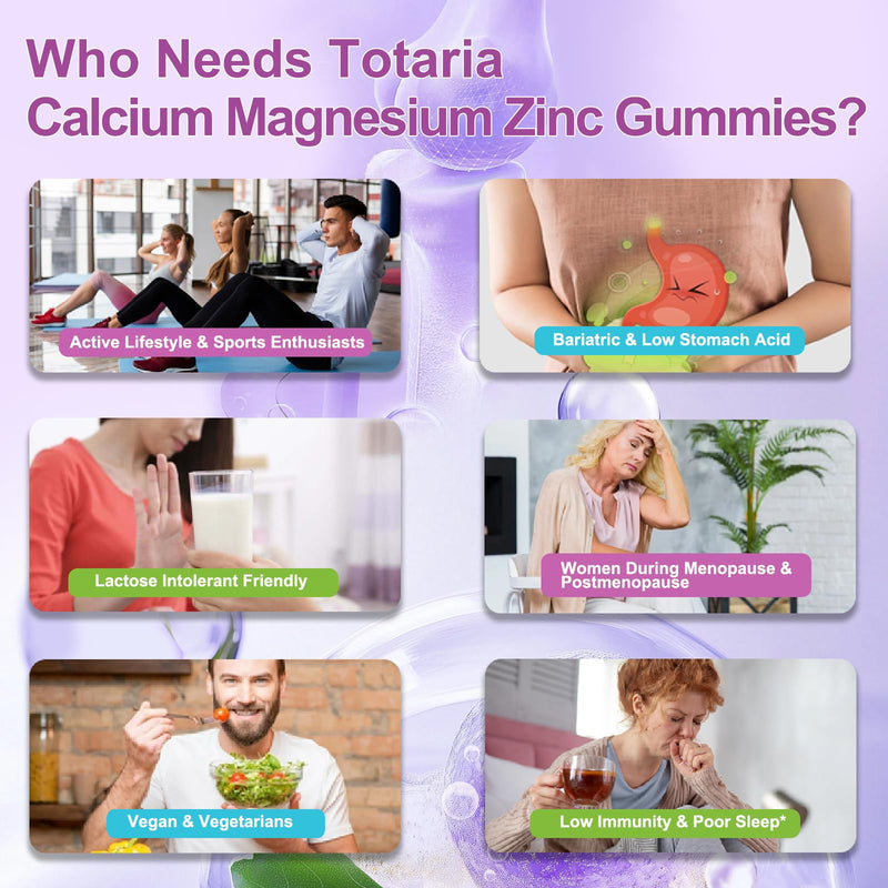 Totaria Sugar Free Calcium Magnesium Zinc Gummies for Women Men, 19-in-1 Ultimate Absorption Calcium 1200 mg Supplements with Vitamin D3 K2, Boron, B12, Ashwagandha, for Bone, Teeth, Calm, Vegan Grape 60 Count (Pack of 1)