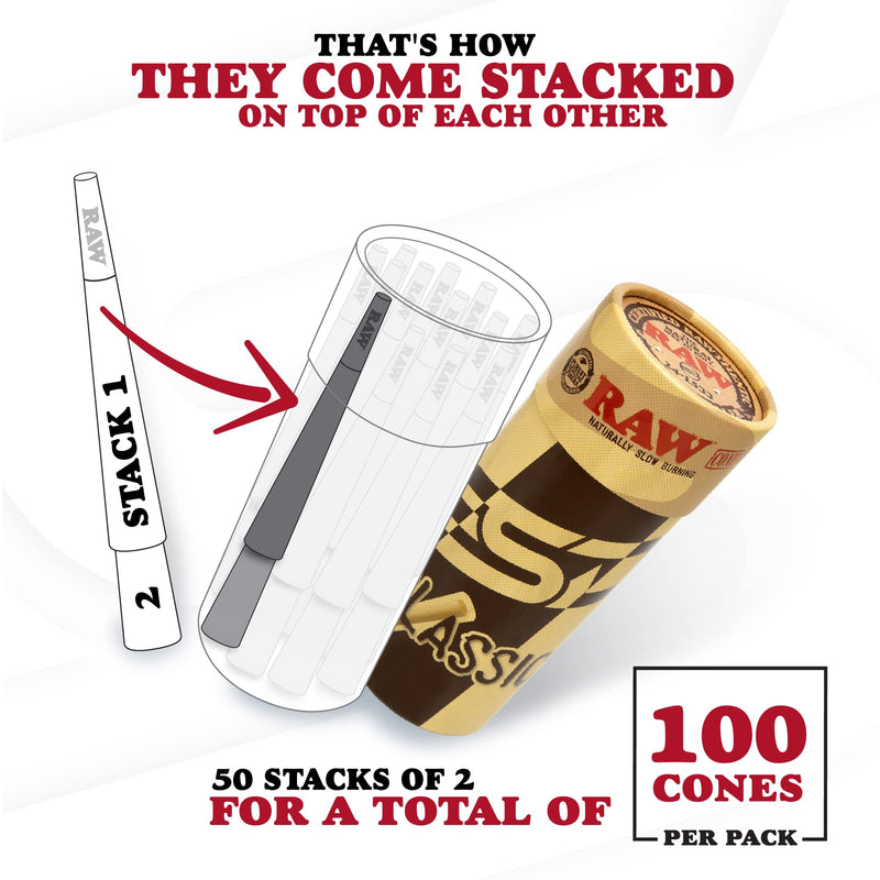 [Australia] - RAW Cones Classic Lean Size | 100 Pack | Natural Pre Rolled Rolling Paper with Tips & Packing Tubes Included 