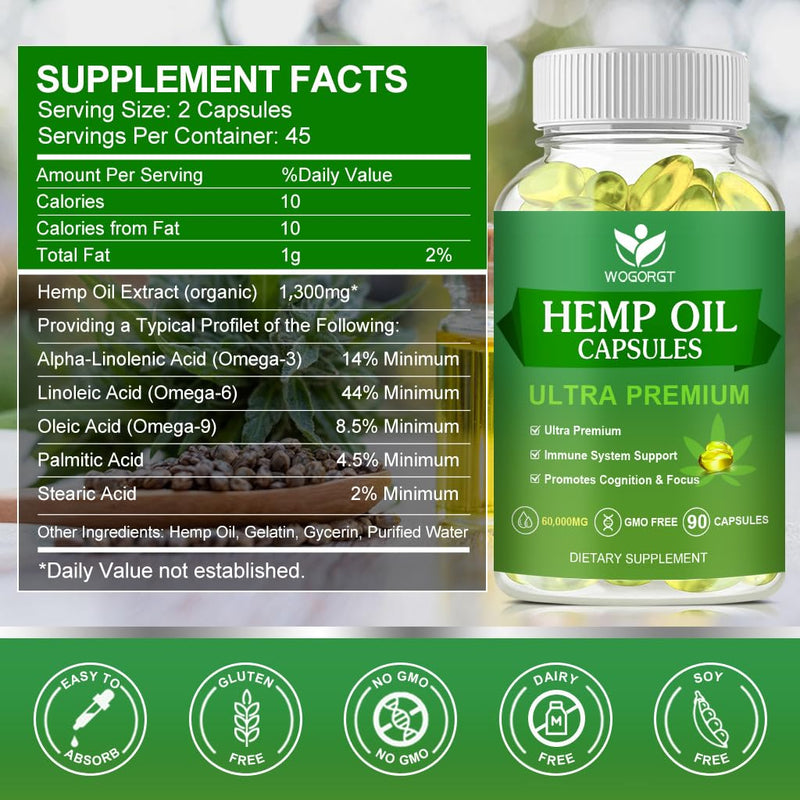 Hemp Oil Capsules, 60,000 Maximum Strength, Immune Support, 90Ct (2Pack) | WOGORGT - Pure Hemp Oil Capsules, Focus Calm, Relaxation, Mood, Rich in Omega 3, 6, 9 Fatty Acids
