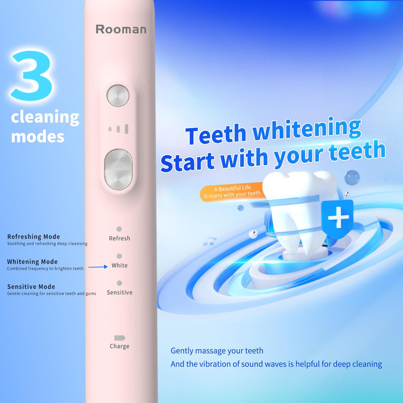 Rooman Electric Toothbrush for Adults with 8 Brush Heads, 40,000 VPM Sonic Toothbrush, IPX7 Waterproof, 4-Hour Charging, 90 Days of Continuous use, 3 Modes, Built-in Smart Timer (Pink) Pink