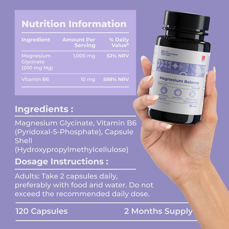 Magnesium Glycinate | Vitamin B6 | 200mg - 120 Capsules & 2 Month Supply | Chelated Absorption | Support Energy Metabolism | Made in UK | Non GMO | Vegan | Gluten Free