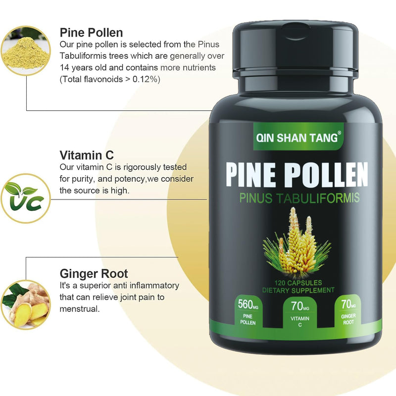 [Australia] - Pine Pollen Supplement wtih Ginger Root and Vitamin C, 99% Cracked Cell Wall,120 Veggie Capsules 