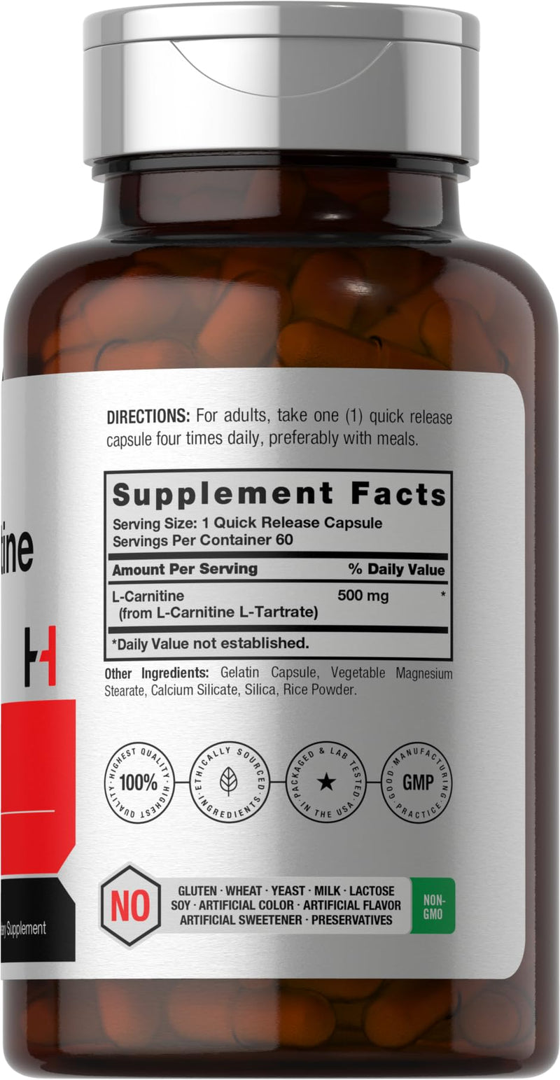 Horbäach L Carnitine Supplement 500mg | 60 Capsules | as L-Carnitine L-Tartrate | Non-GMO and Gluten Free