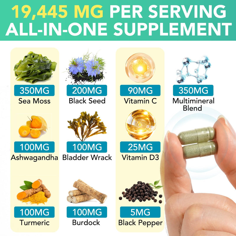 [Australia] - Sea Moss Black Seed Oil Ashwagandha Turmeric Bladderwrack Burdock Root Capsule with Chlorophyll,Elderberry,Manuka,Dandelion,Ginger,Vitamin C Vitamin D3,Immunity & Energy Support, 60 Counts 60 Count (Pack of 1) 