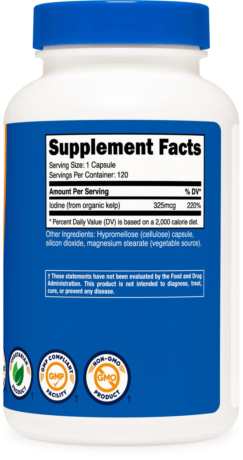 [Australia] - Nutricost Iodine (Natural Iodine from Organic Sea Kelp) 325mcg, 120 Capsules, Vegetarian, Non-GMO & Gluten Free 