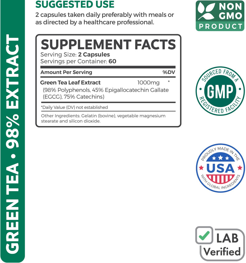[Australia] - Green Tea Extract Capsules 98% with EGCG - 120 Count (Non-GMO) for Natural Metabolism Boost - Leaf Polyphenol Catechins - Antioxidant Supplement - Green Tea Pills - 1000mg (500mg per Capsule) 120 Count (Pack of 1) 