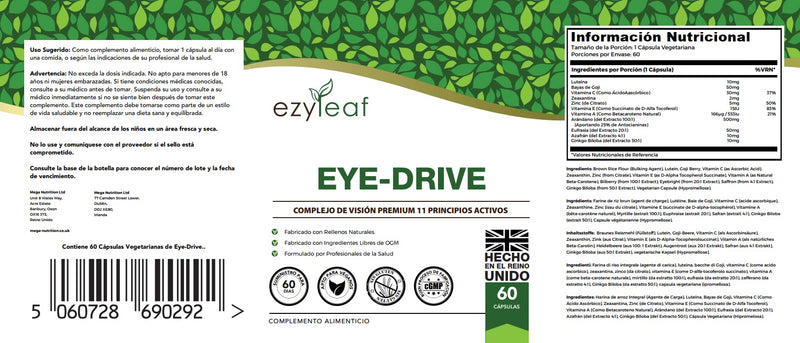 Ezyleaf Eye Supplement | Saffron, Lutein and Zeaxanthin Supplement with Bilberry, EyeBright, Natural Beta-Carotene & Goji Berry | 60 Eye-Drive Eye Vitamins - Vitamin C E A | Non-GMO & UK ISO Certified