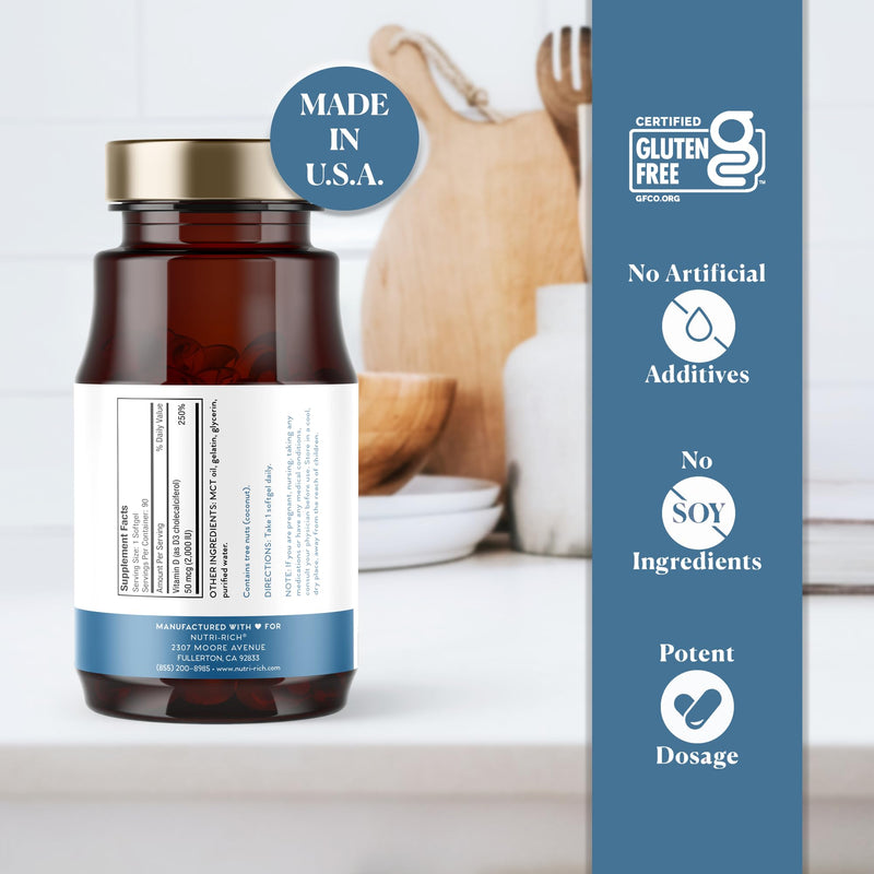 Vitamin D3 2000 IU (50 mcg) – High Potency, Immune Support, Bone & Muscle Support –MCT Oil, Non-GMO, Soy & Gluten-Free, No Artificial Additives, Third-Party Tested Softgels, 90 Count