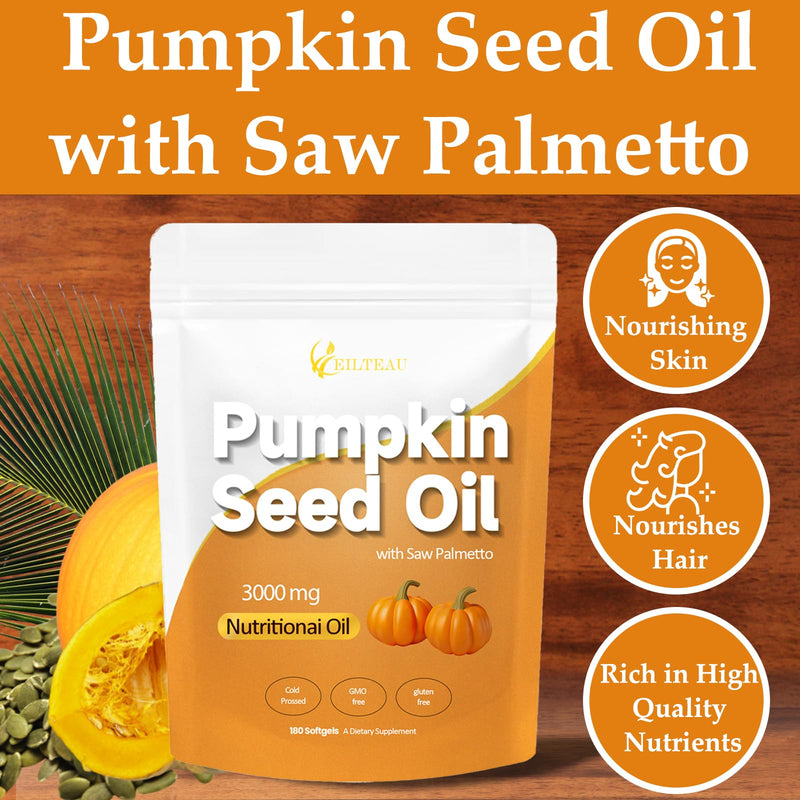 [Australia] - Pumpkin Seed Oil with Saw Palmetto,Nutrikiv Pumpkin Seed Oil,3000mg, Cold Pressed,Essential Fatty Acids & Phytosterols, Non-GMO,Supports Hair, Urinary, Bladder & Prostate Health 180 Softgels (1) 1 