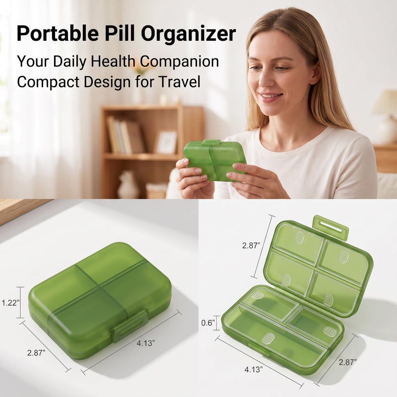 Travel Pill Organizer, Weekly Portable Medicine Case (Green) | with 7-day Stickers, Compact Size Fits Purse Pocket, for Vitamins and Medication Daily Green