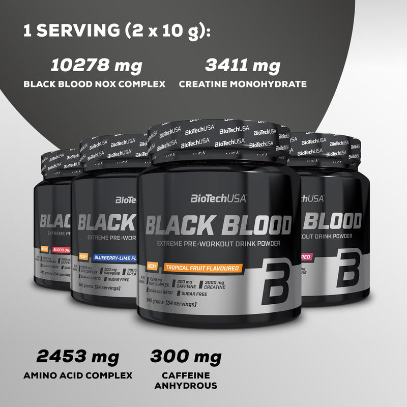 BioTechUSA Black Blood NOX+ | Pre-Workout Formula | with Caffeine, Creatine, Tyrosine | Sugar-Free | 340 g | Tropical Fruit 330 g (Pack of 1)
