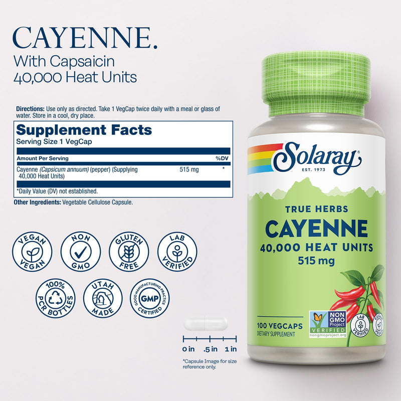 [Australia] - SOLARAY Cayenne Pepper Capsules with Capsaicin - Capsaicin Supplements for Powerful Wellness Support - 40,000 Heat Units per VegCap - Vegan, Non-GMO, Gluten-Free, 60-Day Guarantee, 100 Servings 100 Count (Pack of 1) 