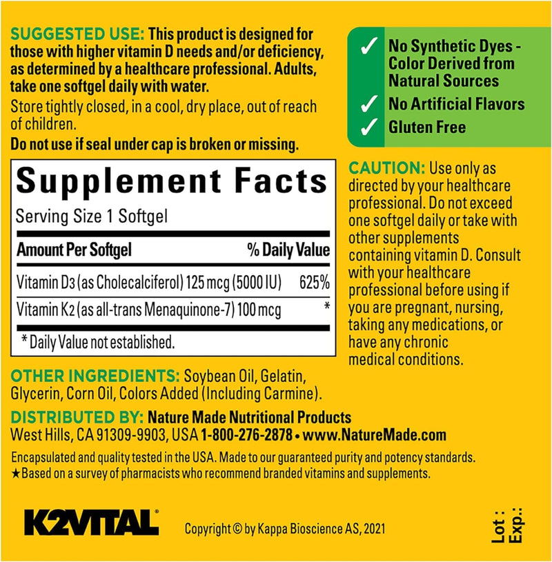 Nature Made Vitamin D3 K2, 5000 IU (125 mcg) Vitamin D, Dietary Supplement for Bone, Teeth, Muscle and Immune Health Support, 30 Softgels, 30 Day Supply - Pack of 2 Unflavored 30 Count (Pack of 2)