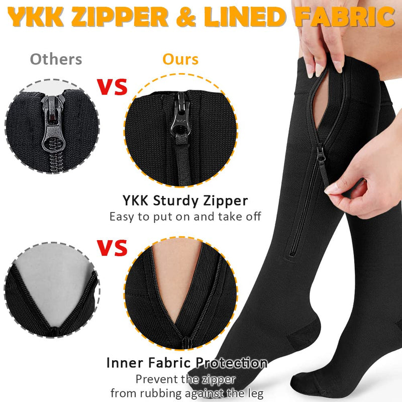 [Australia] - CASMON 15-20mmHg Zipper Compression Socks for Women and Men, Knee High Compression Stockings, Medical Closed Toe Support Socks for Varicose Veins, Post-Surgery, Swelling, Nurses, Pregnancy (1 Pair) X-Large Black 