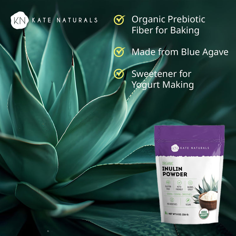 [Australia] - Kate Naturals Inulin Powder Organic from Blue Agave (8oz) Soluble Prebiotic Fiber for Coffee, Yogurt & Smoothies 
