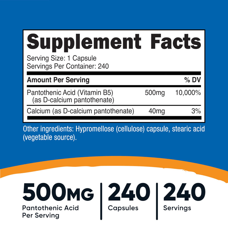 Nutricost Pantothenic Acid (Vitamin B5) 500mg, 240 Capsules (Pack of 2) 240 Count (Pack of 2)