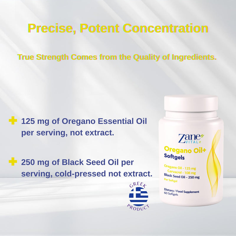 Zane Oregano Oil+ Oregano & Black Seed Oil Softgels – with Carvacrol & Thymoquinone – Dietary Supplement for Immune & Digestive Wellness - Non-GMO, Gluten-Free – 60 Softgels by Zane Vital.