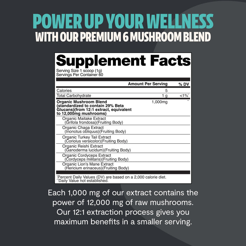 [Australia] - FreshCap Mushrooms Ultimate Mushroom Supplement Powder 12,000mg - Nootropic Organic Mushroom Complex for Focus & Memory, Brain Support Supplement, Ayurveda Mushroom Powder Extract (60 Servings) 