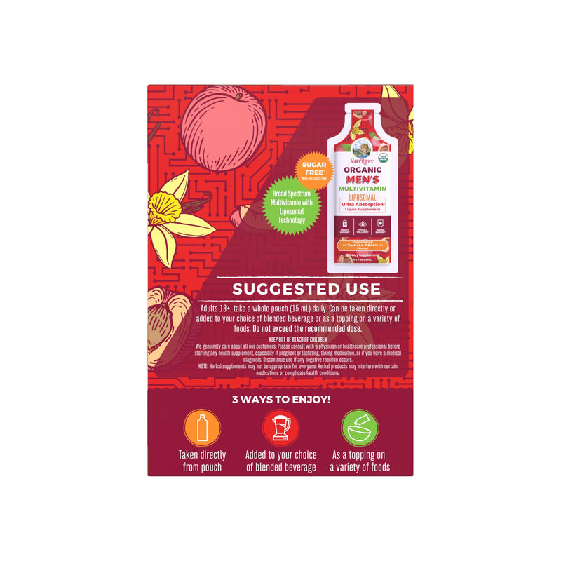 MaryRuth Organics Multivitamin for Men | USDA Organic | Sugar Free Mens Multivitamin Liposomal | Liquid Vitamins for Men | Immune Support Supplement & Overall Wellness | Vegan | 14-0.5 Fl Oz Pouches | 0.5 Fl Oz