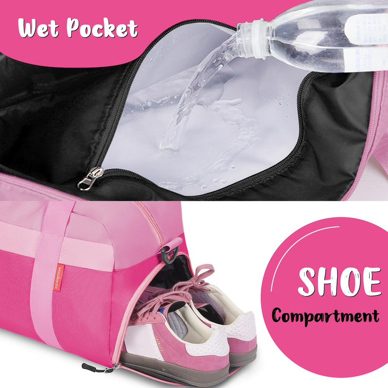 WOOMADA Kids Duffle Bag for Boys or Girls, Kids Overnight Bag with Shoe Compartment＆Wet Pocket, Ideal for School Practice, Sports, Travel(pink)