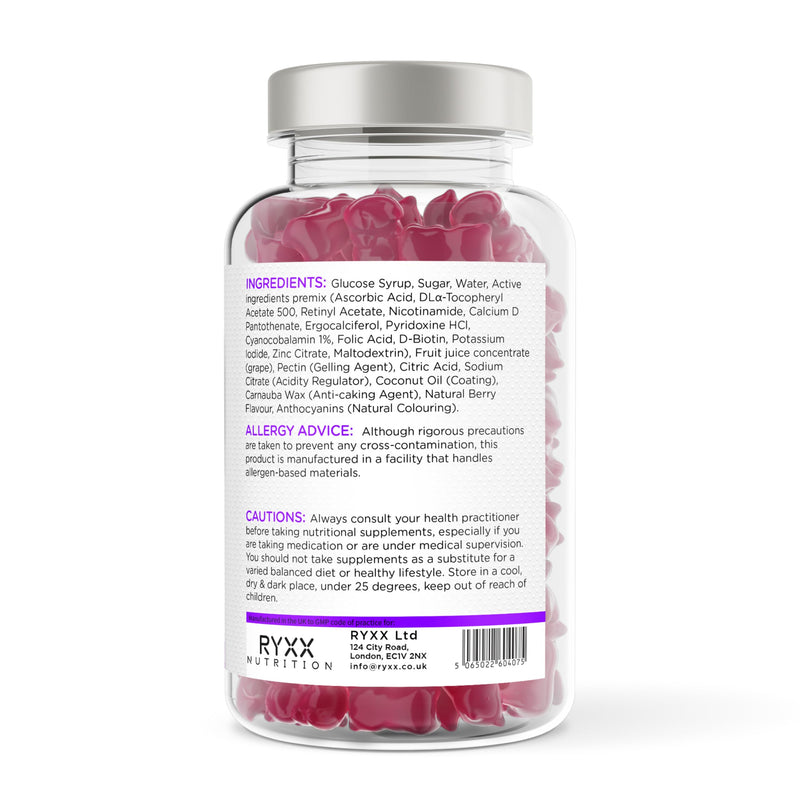 RYXX GrowBright Kids Multivitamins | 12 Essential Vitamins & Minerals | Natural Berry Flavour Gummies | Immune & Growth Support | 60 Vegan-Friendly Gummies | Made in the UK